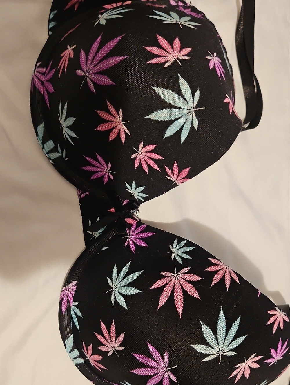 Victoria's Secret Black Bra with Pink & Light Blue Leaf Print